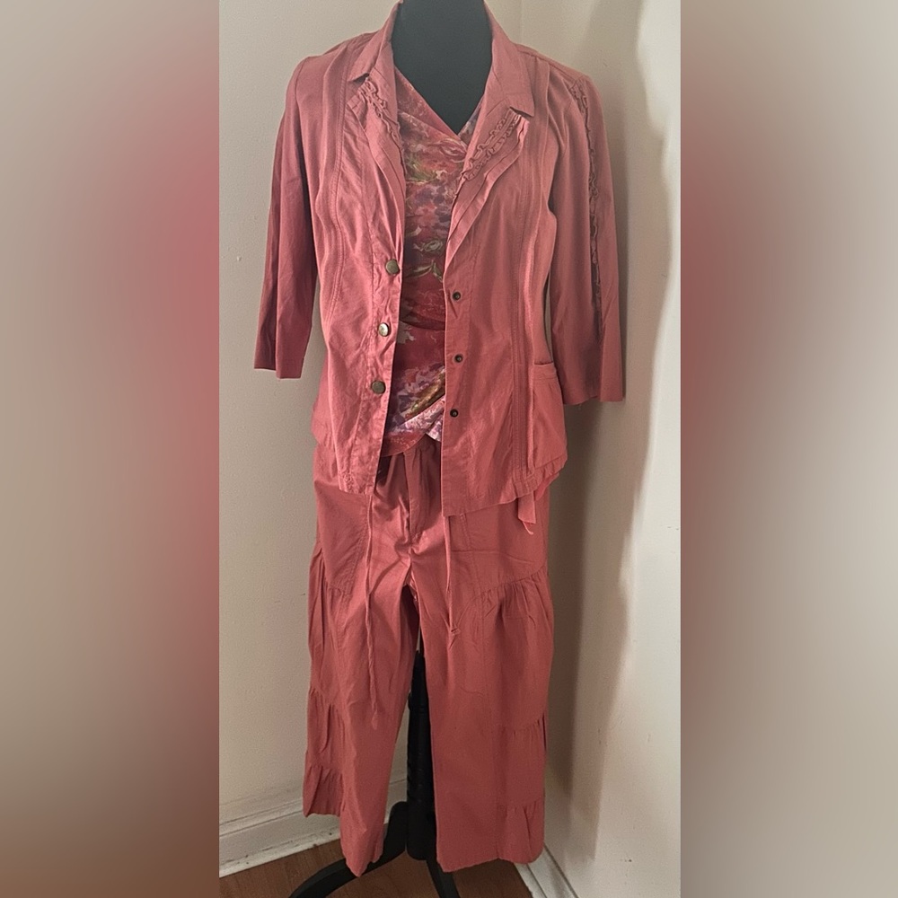 Salmon Women's Ruffled Jacket Tiered Front Gauchos Nylon Wrap Top Outfit
